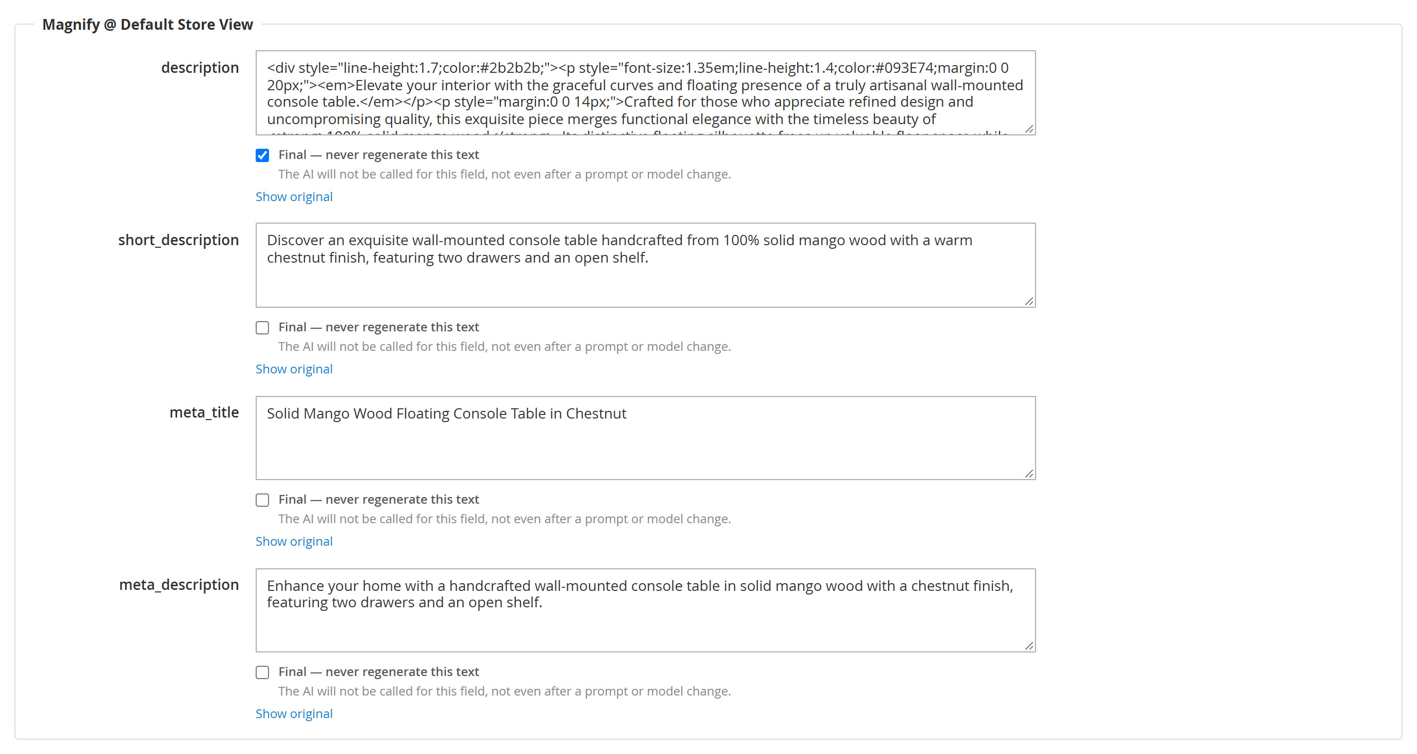 The Enrichments and Translations editor showing a Final, never regenerate this text checkbox under each generated field.