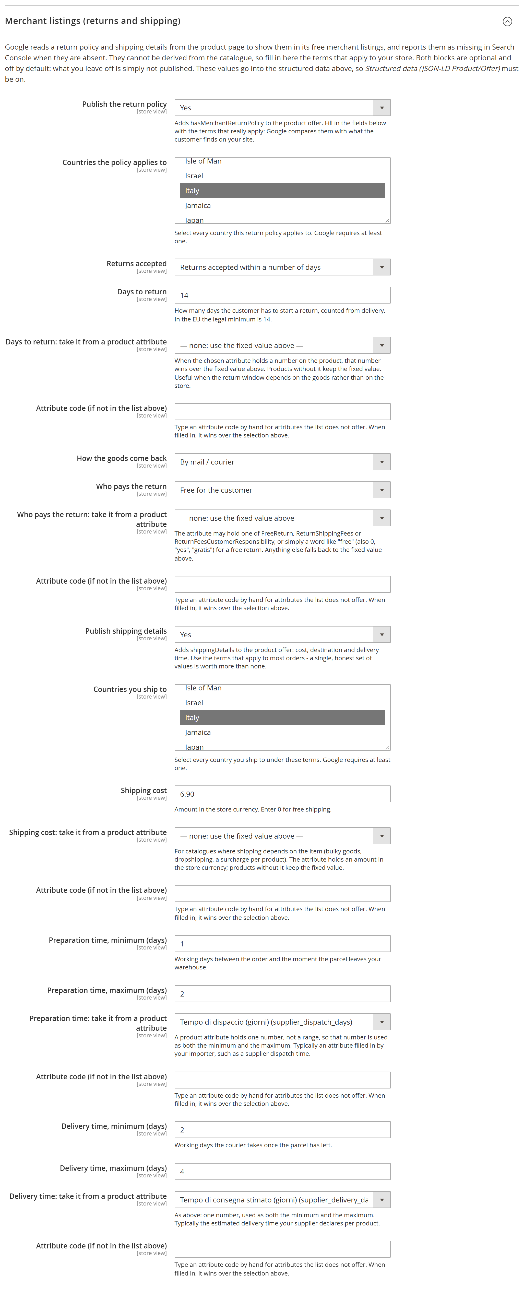 The Merchant listings group in the admin: return policy and shipping details, each with its own switch.