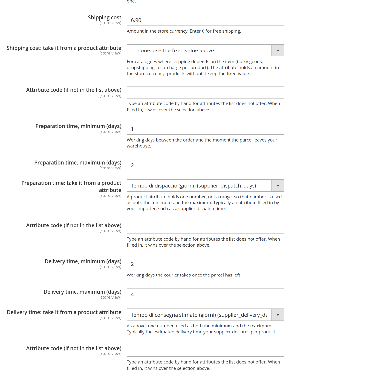 Each figure can come from a product attribute, chosen from the catalogue's own list: here the preparation and delivery times are taken from the attributes an importer fills in.