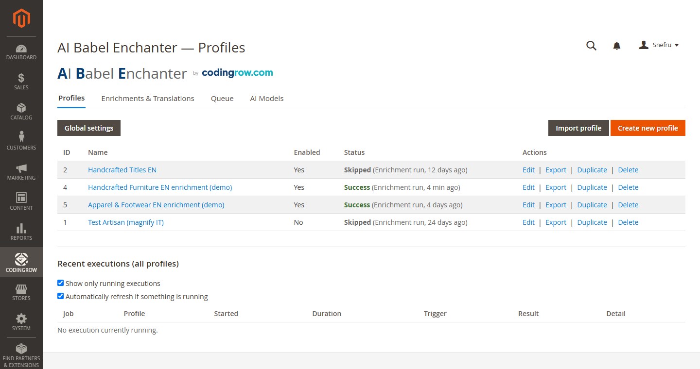 Profiles: one persona prompt per supplier or segment, applied across the catalog.