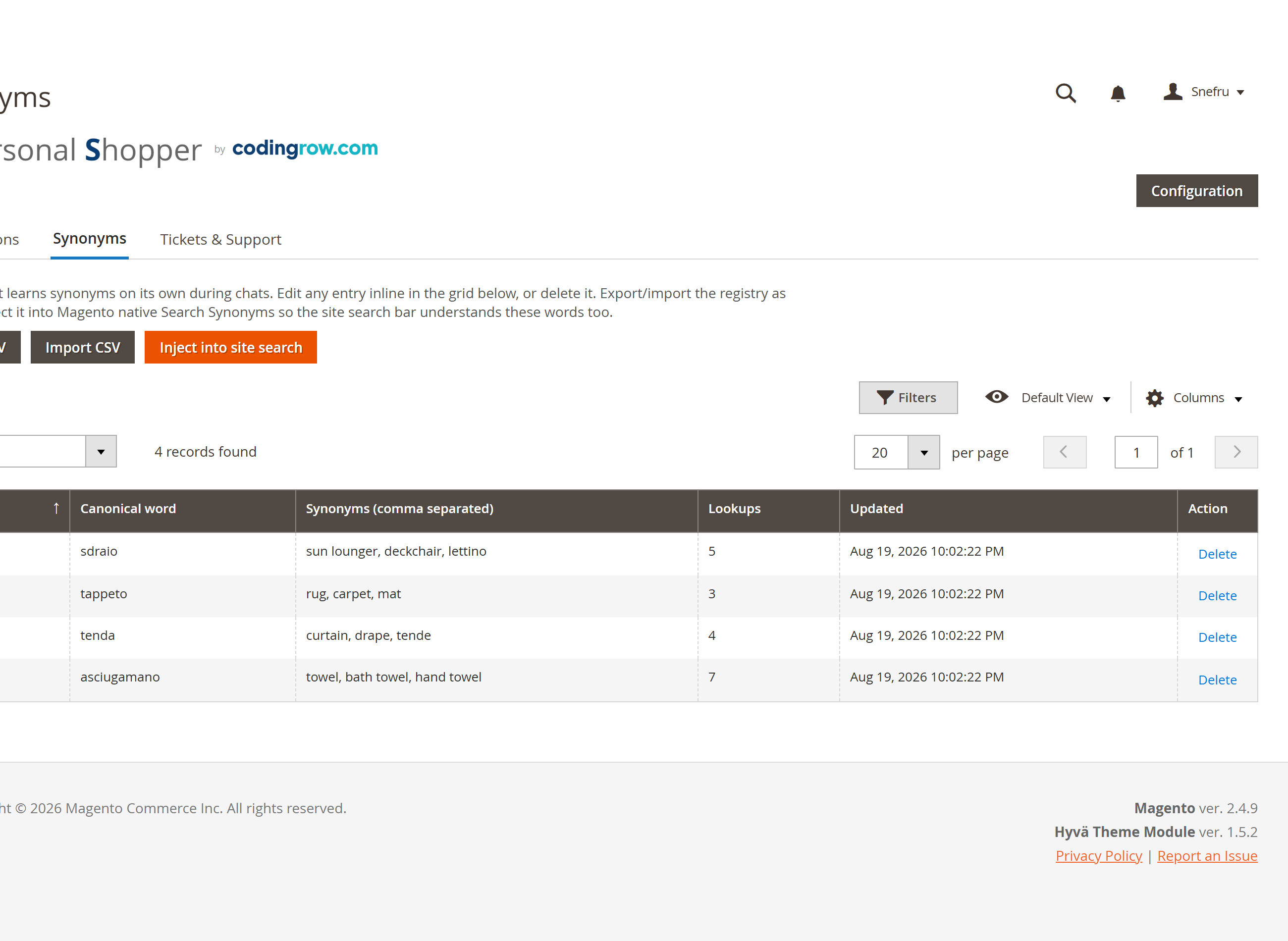 The Synonyms tab: a paginated, editable registry with CSV export/import and one-click 