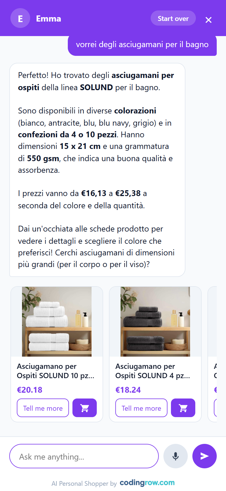 14 real product cards, stacked in a scrollable column right under the assistant's reply.