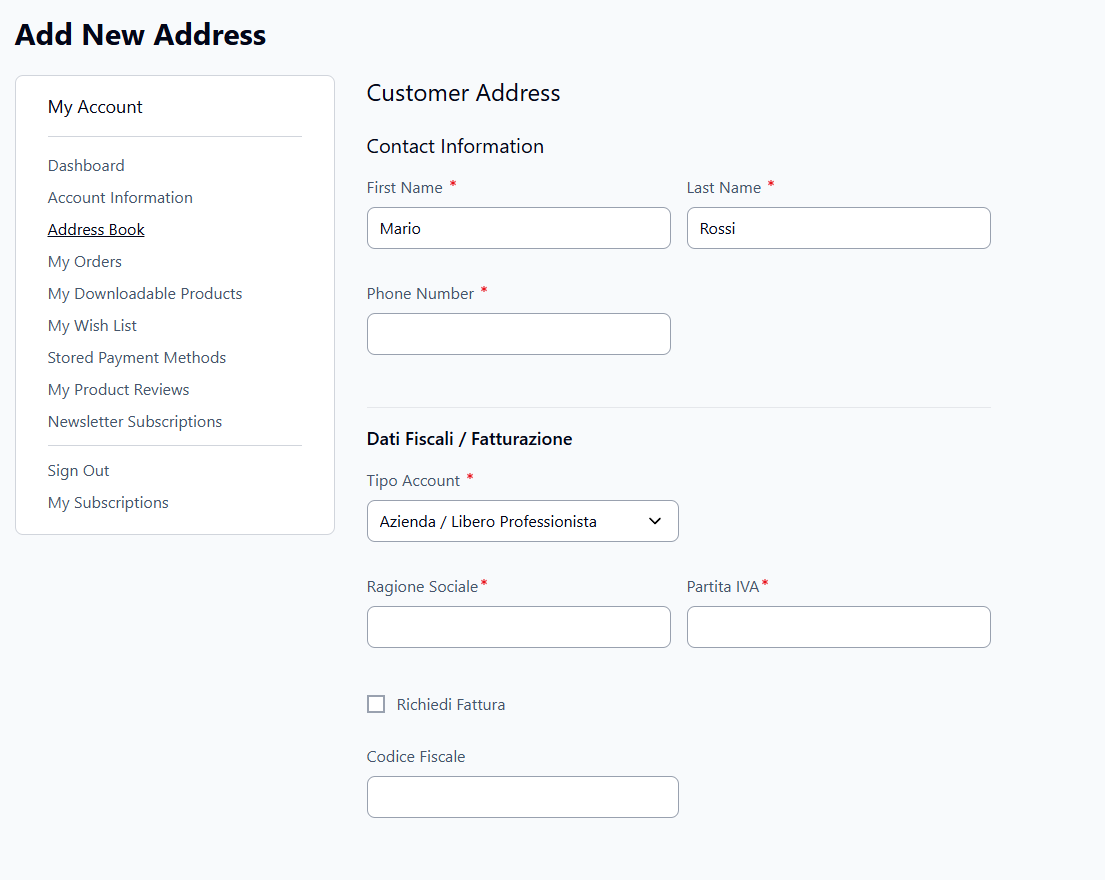 B2bFatturazione — Fattura Elettronica nel Checkout Magento 2: Partita IVA e PEC