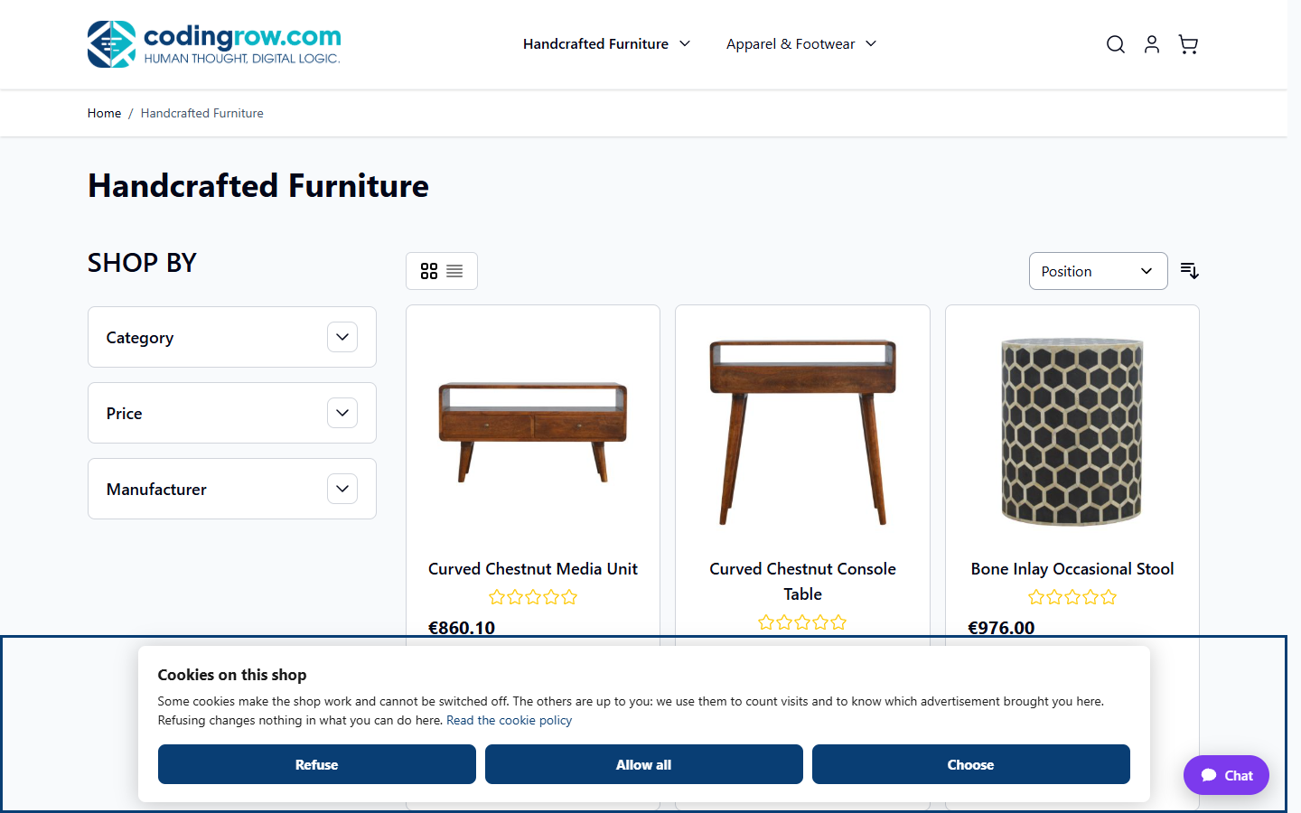 The cookie banner on a Magento 2 category page, with three buttons of the same size