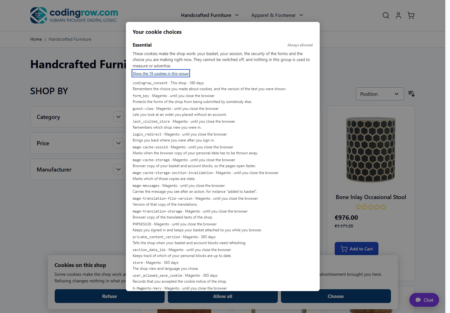 The preferences window, with a group expanded showing every cookie, who writes it and how long it lasts