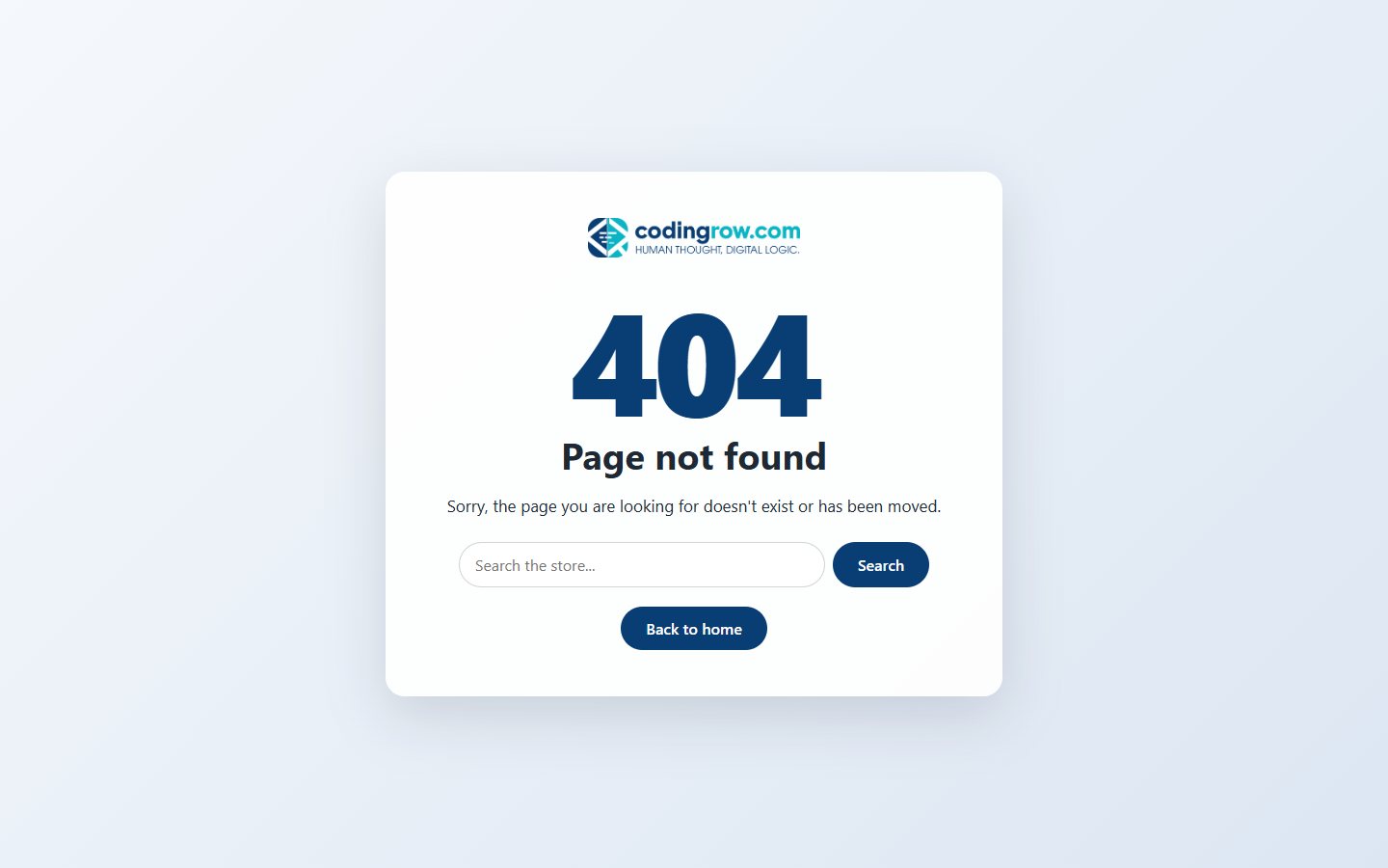 Custom 404 page with the store logo, large 404 number, “Page not found” title, search box and button back to the home page