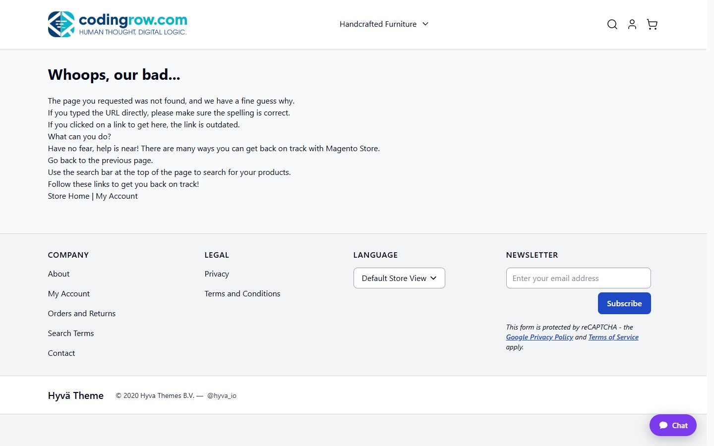 Standard 404 page of the Hyvä theme with header, footer and the generic text “Whoops, our bad...”