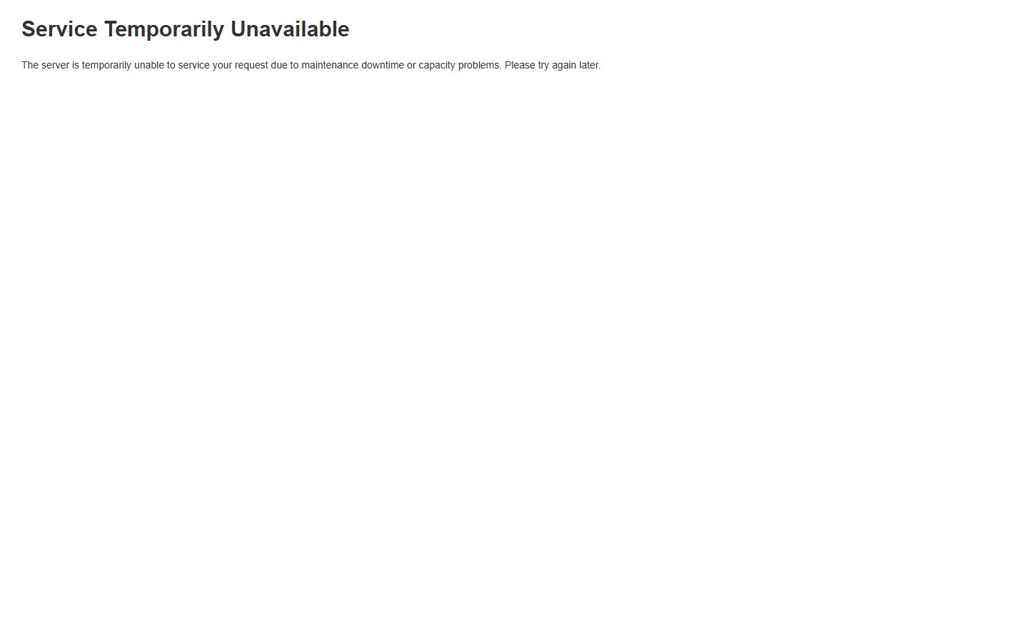 Standard Magento maintenance page: “Service Temporarily Unavailable” in black text on a white background