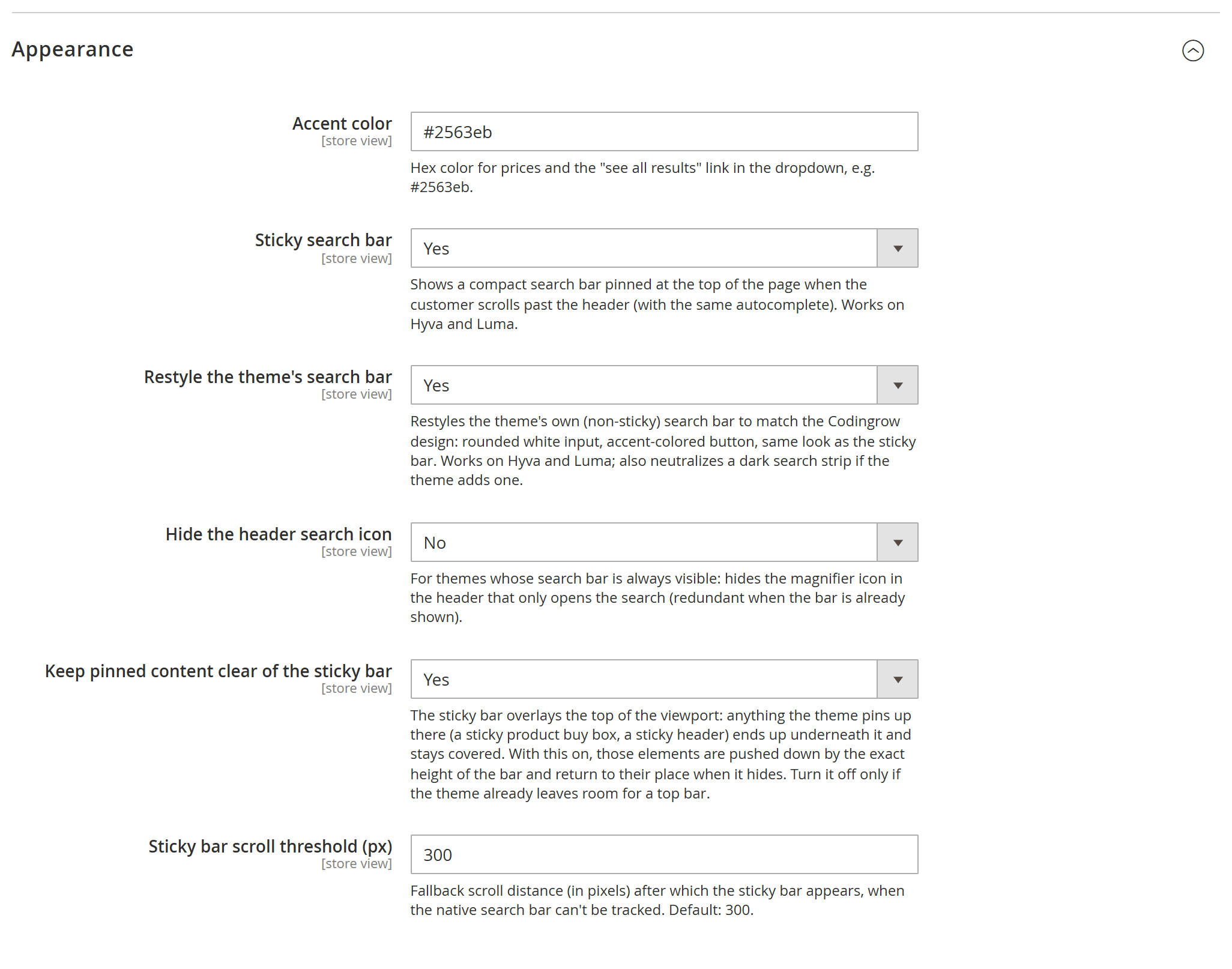 Appearance group: the sticky bar options, with Keep pinned content clear of the sticky bar on by default.