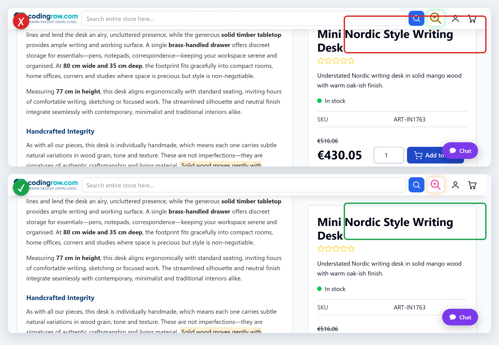 The same product page with the sticky bar visible: above, the pinned buy box stops underneath it and the title is clipped; below, the title is fully clear of the bar.