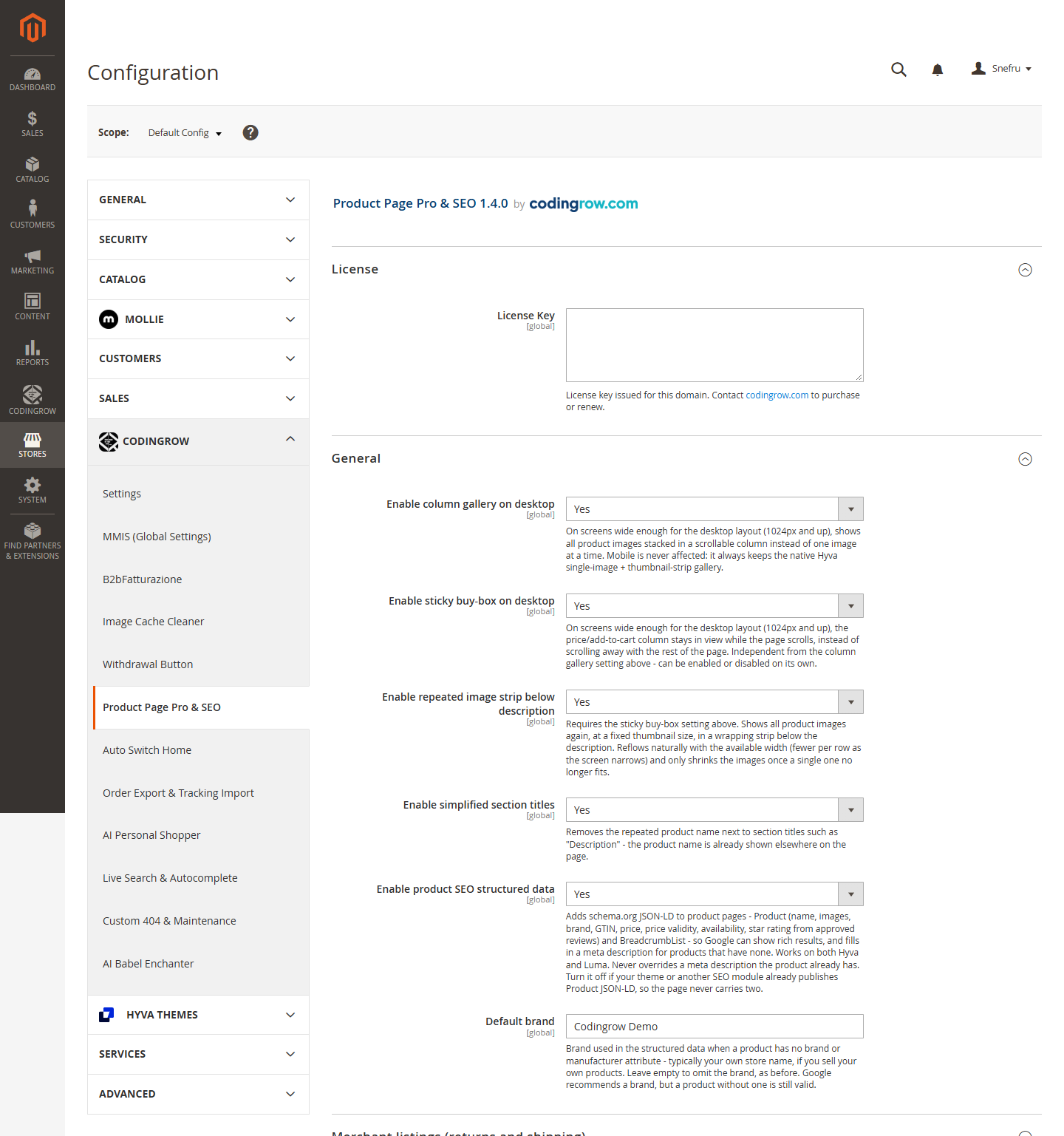 Product Page Pro & SEO admin configuration: the License field and the six General options, with the Merchant listings group below