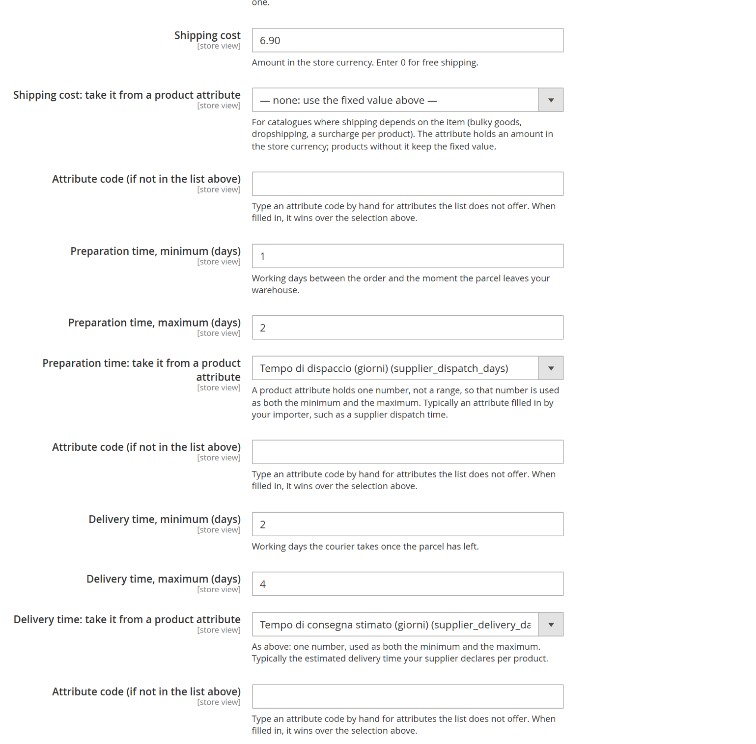 Each figure can come from a product attribute, chosen from the catalogue's own list: here the preparation and delivery times are taken from the attributes an importer fills in.