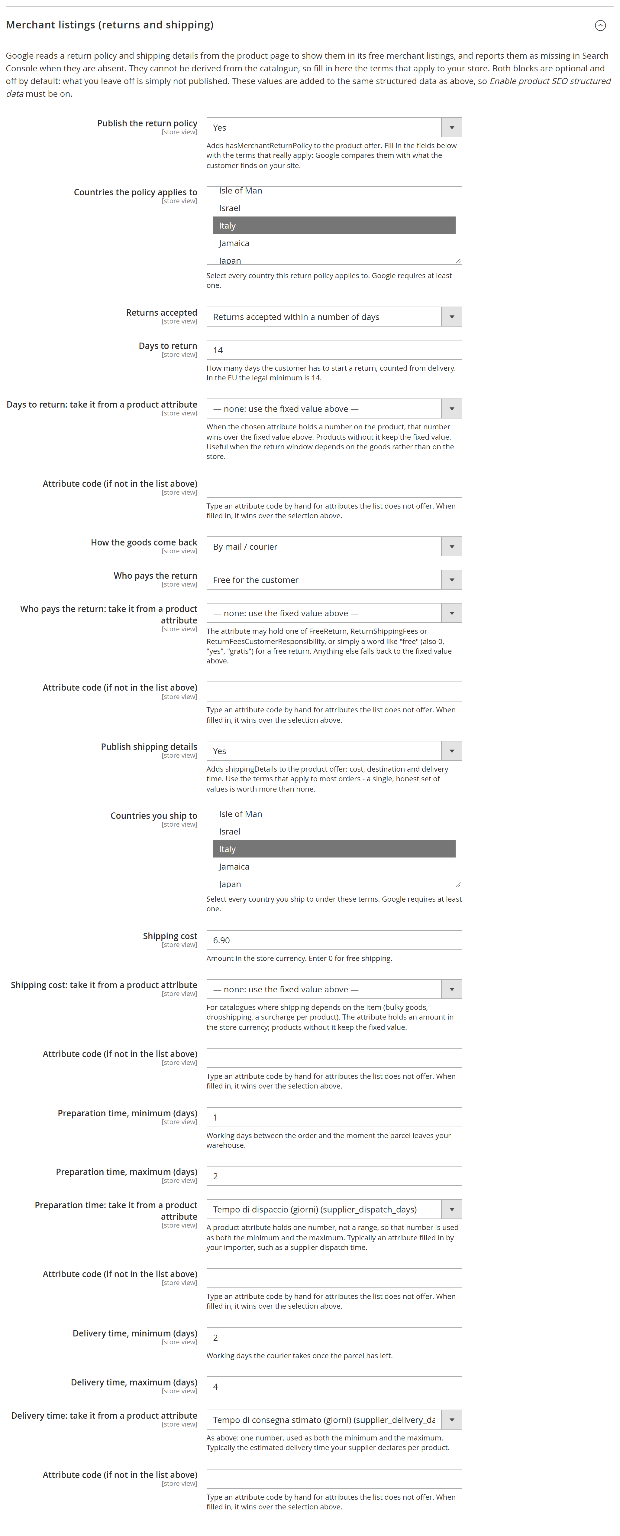 The Merchant listings group in the admin: return policy and shipping details, each with its own switch.