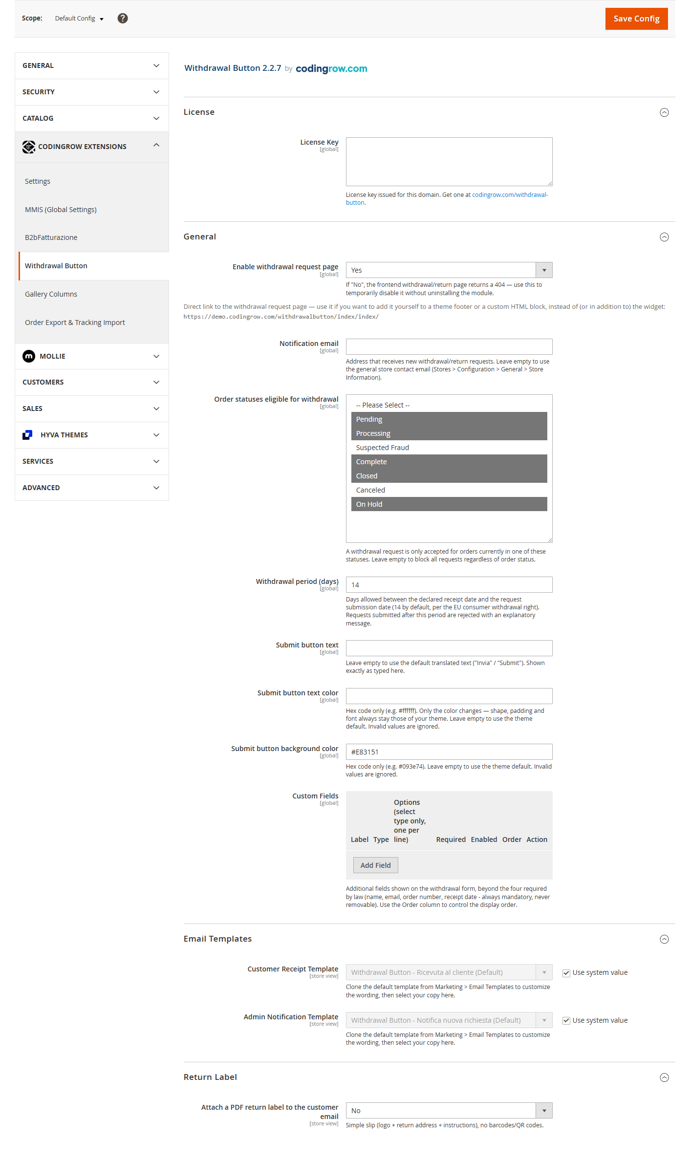Withdrawal Button admin configuration in Magento